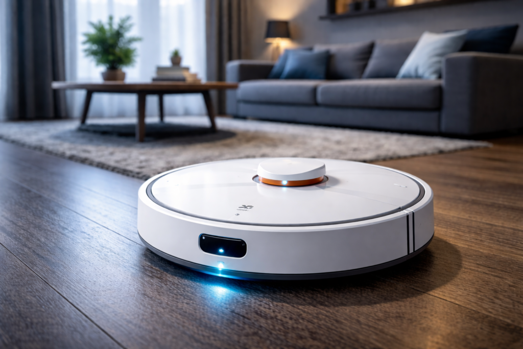 mostra um robô Aspirador na cor branca em uma sala com sofa na cor cinza.