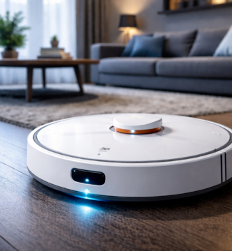 mostra um robô Aspirador na cor branca em uma sala com sofa na cor cinza.