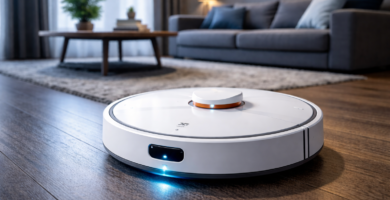 mostra um robô Aspirador na cor branca em uma sala com sofa na cor cinza.