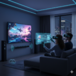 Casal usando óculos de realidade virtual em sala inteligente com TV 8K exibindo streaming de jogos em 2026.