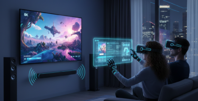 Casal usando óculos de realidade virtual em sala inteligente com TV 8K exibindo streaming de jogos em 2026.