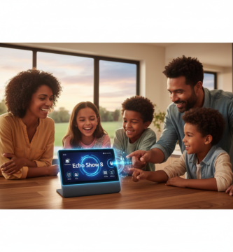 Familia reunida ao redor de uma mesa, com um Echo Show 8 em cima da mesa.
