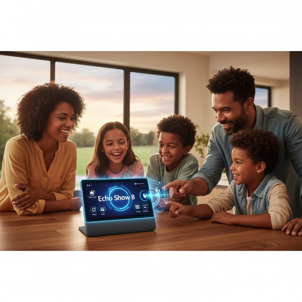 Familia reunida ao redor de uma mesa, com um Echo Show 8 em cima da mesa.