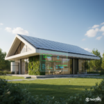 Casa Sustentavel Tecnologia em um jardim com um gramado verde e arvores ao redor da casa