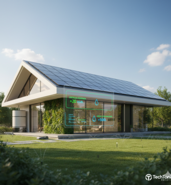 Casa Sustentavel Tecnologia em um jardim com um gramado verde e arvores ao redor da casa