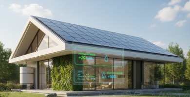 Casa Sustentavel Tecnologia em um jardim com um gramado verde e arvores ao redor da casa