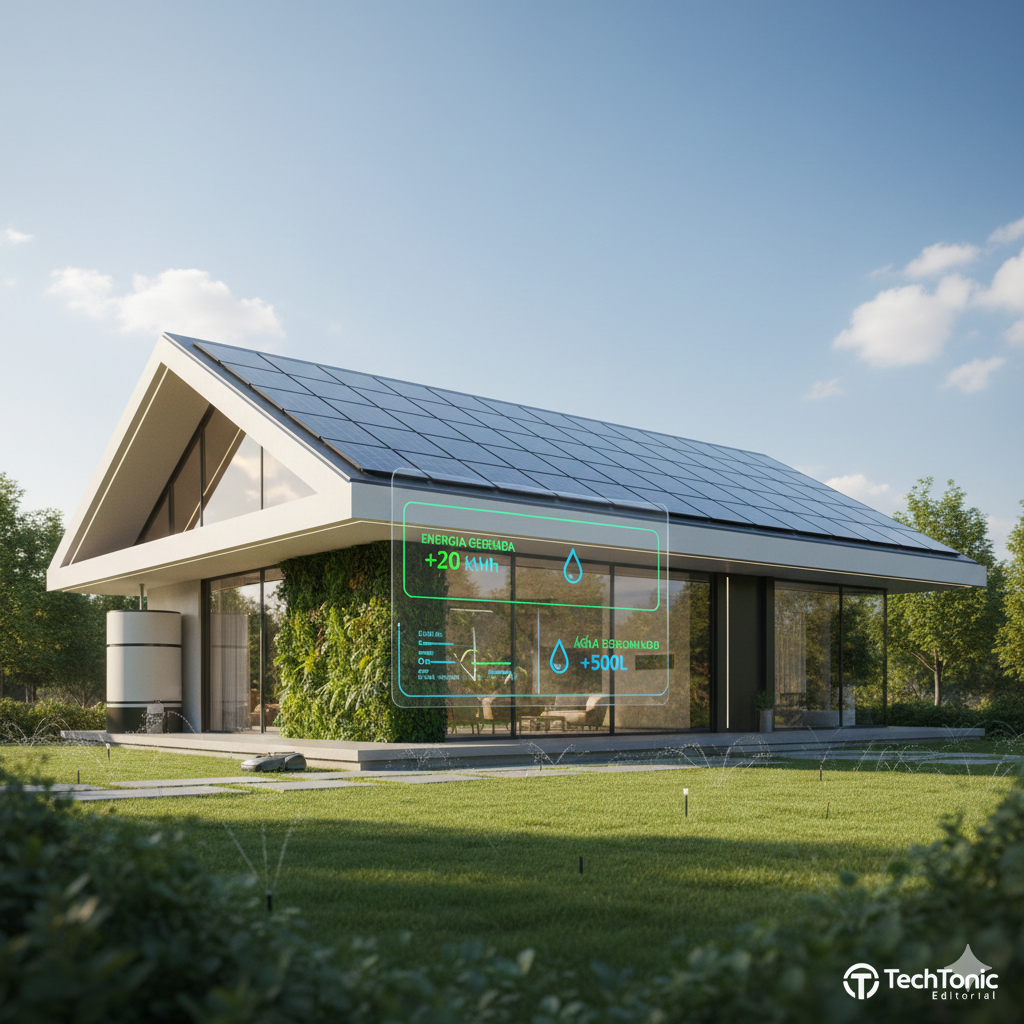 Casa Sustentavel Tecnologia em um jardim com um gramado verde e arvores ao redor da casa