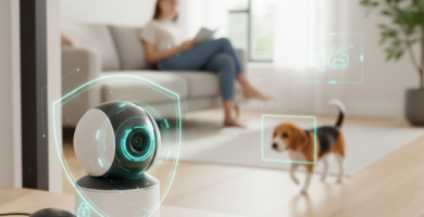 Câmera inteligente Tapo C225 monitorando ambiente doméstico com rastreamento inteligente de IA e modo de privacidade ativo