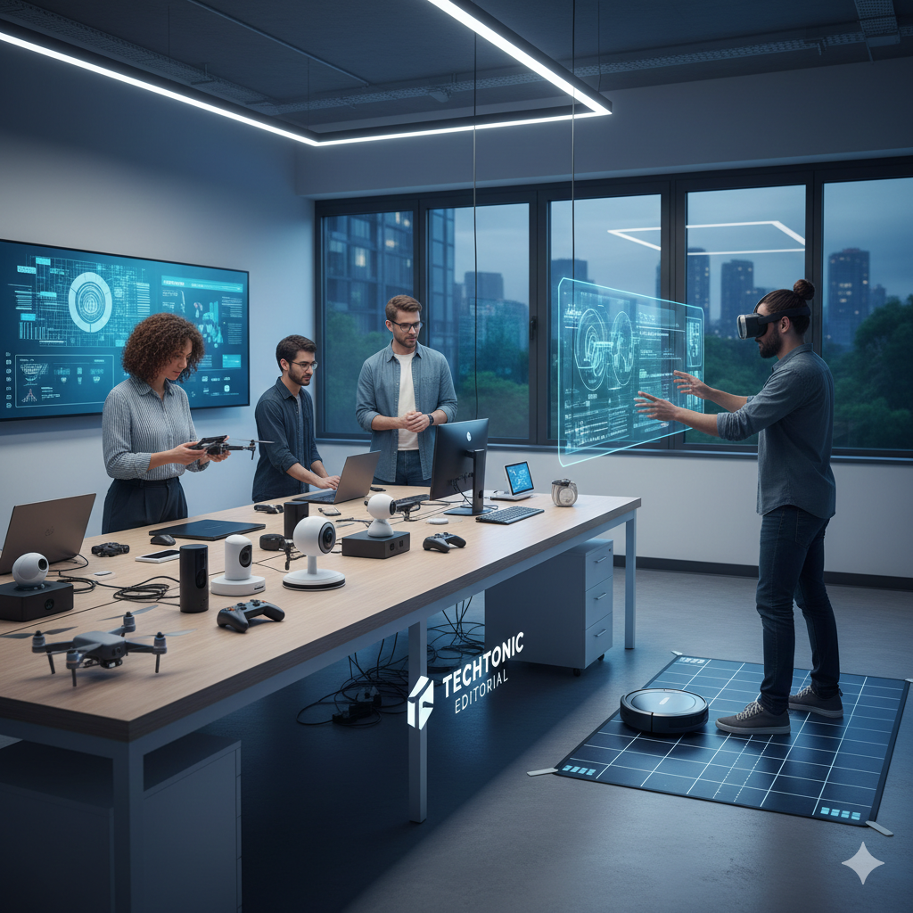 Pessoas em um escritorio futurista, analisando o que escrever sobre tecnologia em 2026